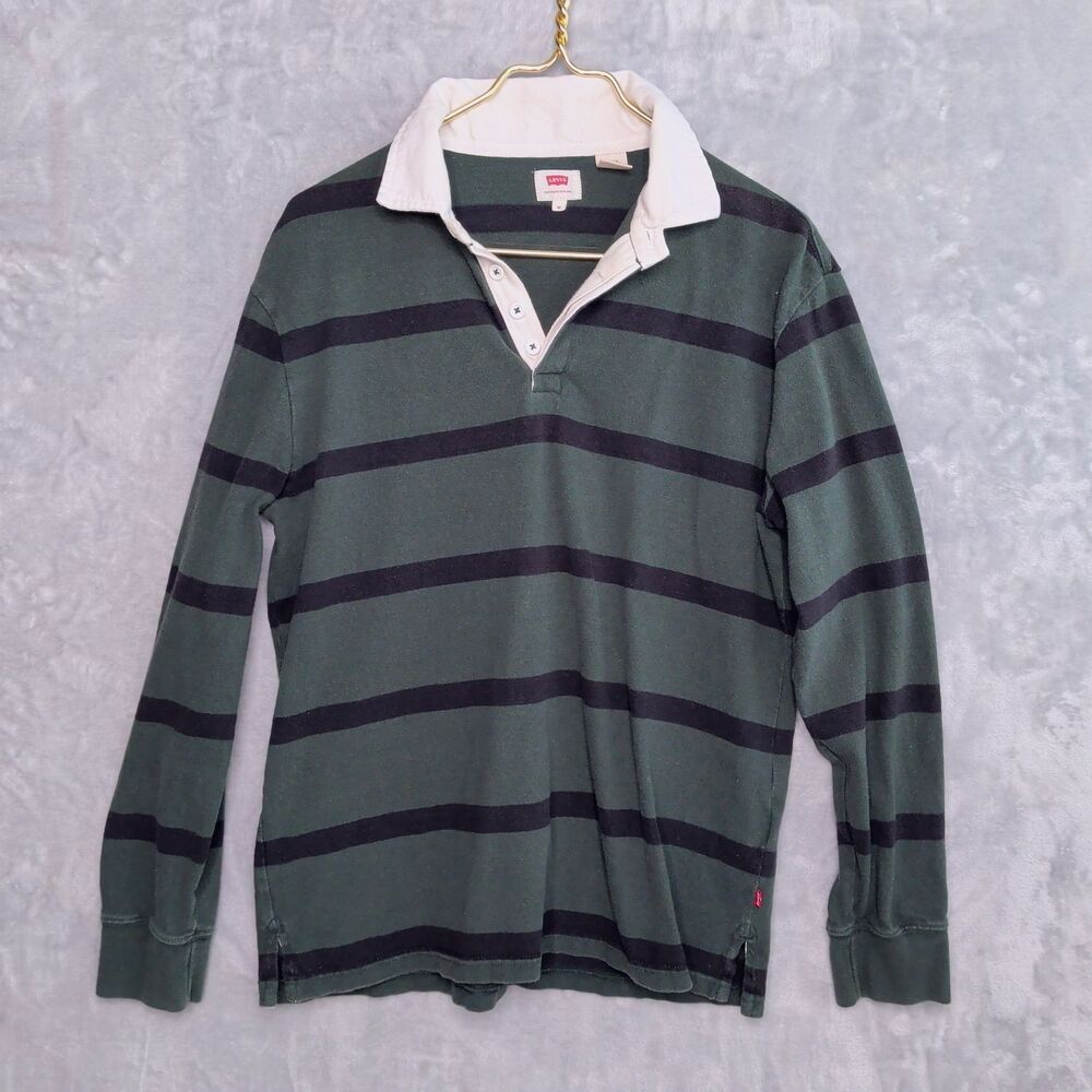LEVIS Green & Black Striped Rugby Polo Shirt Size M Classic Retro Cotton Preppy - Picture 1 of 7